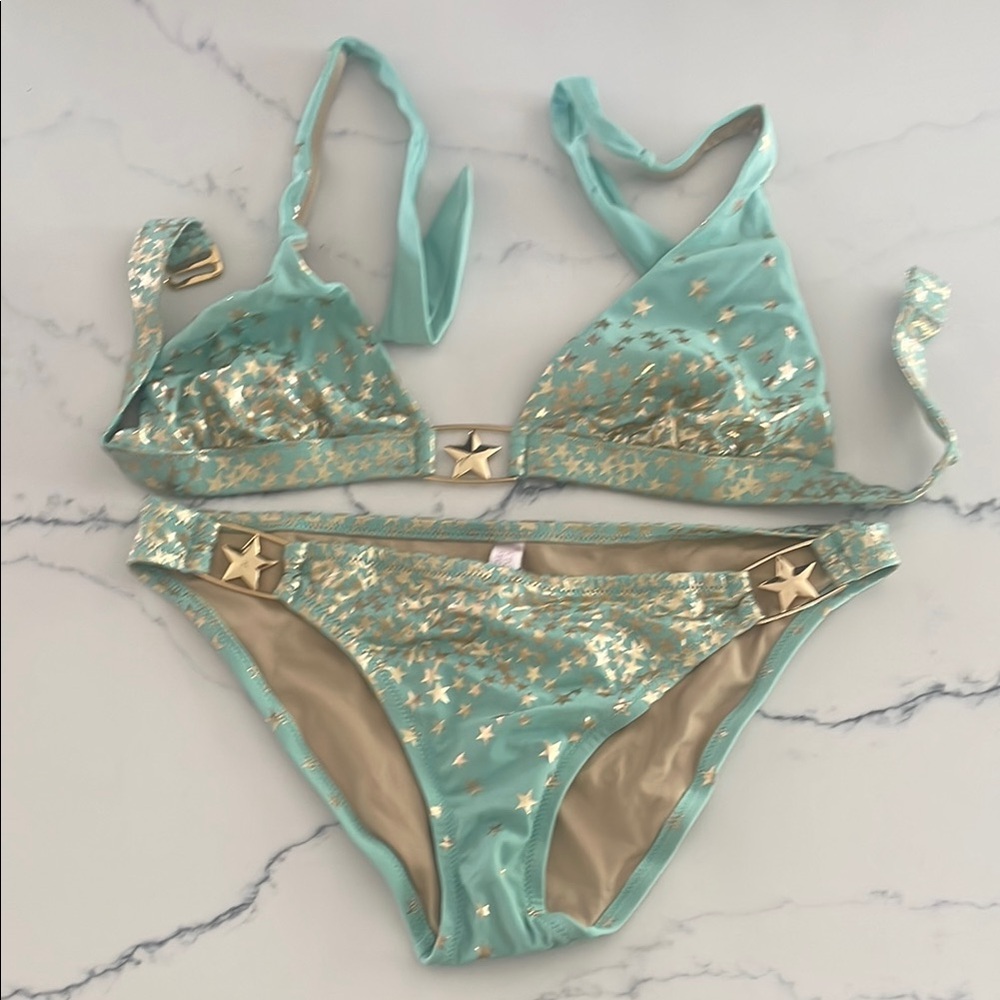 Victoria's Secret Blue and Gold Bikini with Star Shimmering Accents